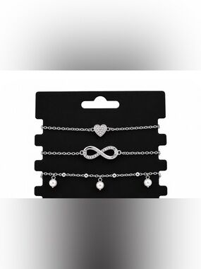 Silver Heart, Infinity and Pearl Charm Bracelet Set -